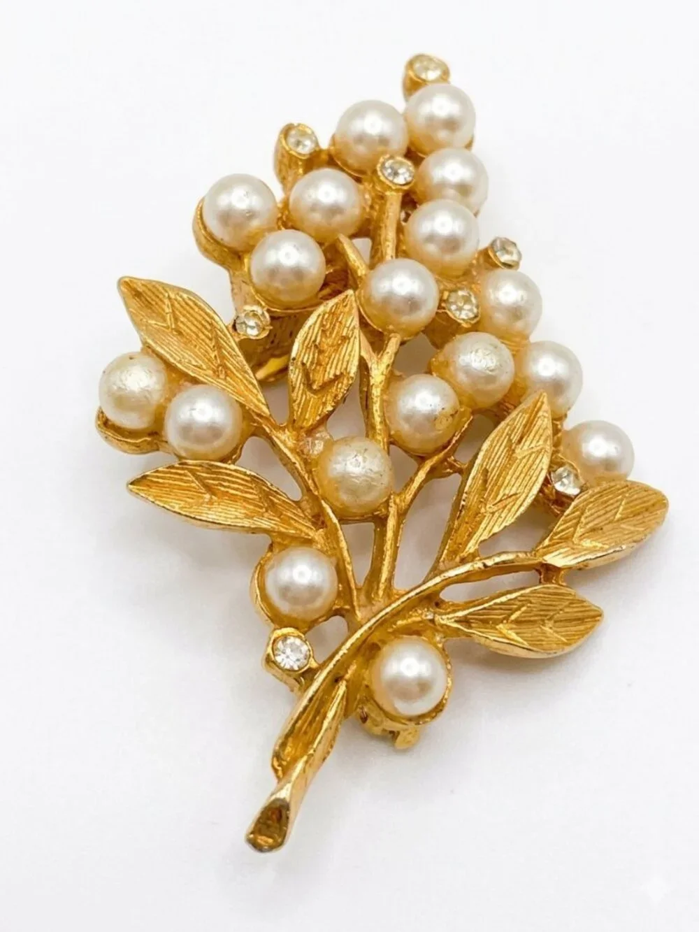 Faux Pearl Rhinestone Floral Brooch Vintage 50s Mid Century